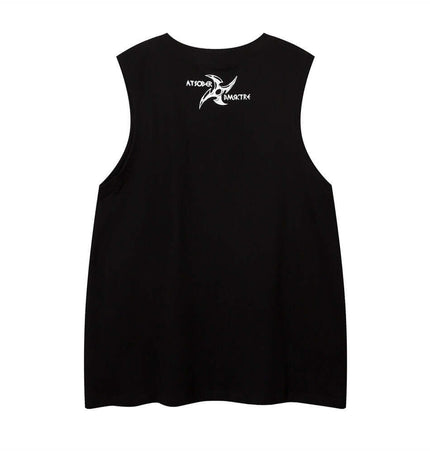 Letter Cross Print Tank Top - Loose Fit - Back view of a black sleeveless vest with letter print design.