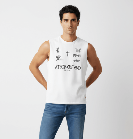 Letter Cross Print Tank Top - Loose Fit worn by model, showcasing its trendy design and loose fit for summer wear.