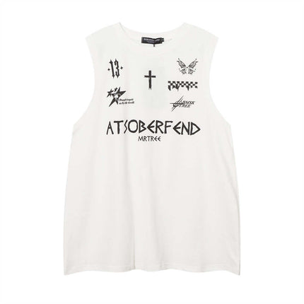 Letter Cross Print Tank Top - Loose Fit featuring bold designs and a relaxed fit for urban streetwear style.