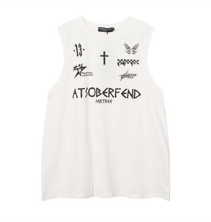 Letter Cross Print Tank Top - Loose Fit featuring bold designs and a relaxed fit for urban streetwear style.