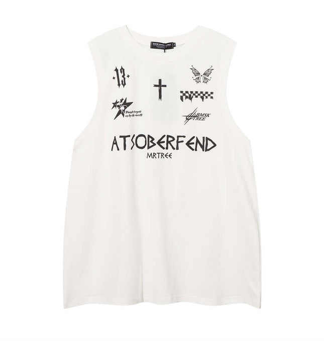 Letter Cross Print Tank Top - Loose Fit featuring bold designs and a relaxed fit for urban streetwear style.