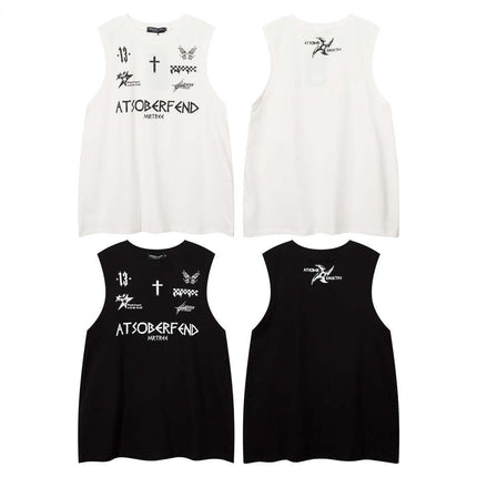 Letter Cross Print Tank Top - Loose Fit in white and black, featuring trendy graphic designs and a casual sleeveless style.