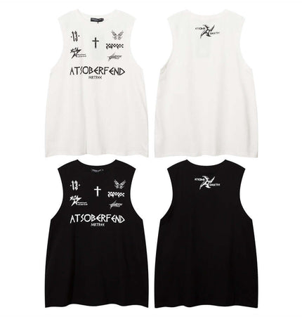 Letter Cross Print Tank Top - Loose Fit in white and black, featuring trendy graphic designs and a casual sleeveless style.