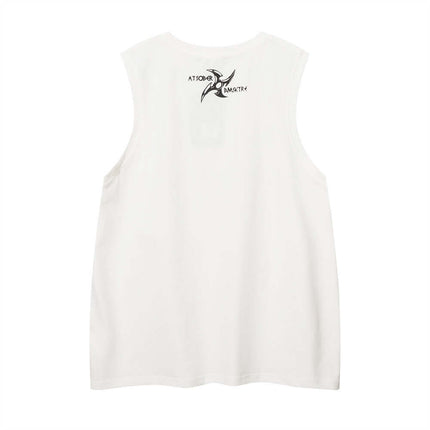 Letter Cross Print Tank Top - Loose Fit - Back view of white sleeveless tank top with logo.