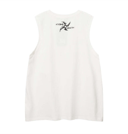 Letter Cross Print Tank Top - Loose Fit - Back view of white sleeveless tank top with logo.