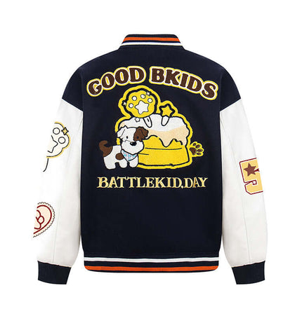 Letter Embroidery Colorblock Jacket featuring playful graphics and colorful embroidery.