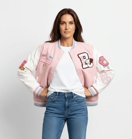 Letter Embroidery Colorblock Jacket worn by a model, featuring playful patches and a relaxed fit.