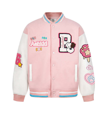 Letter Embroidery Colorblock Jacket featuring pink color-blocking and playful letter embroidery.