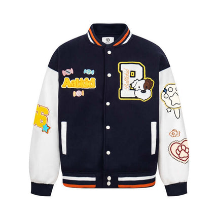 Letter Embroidery Colorblock Jacket featuring playful patches and color-blocked design in navy and white.