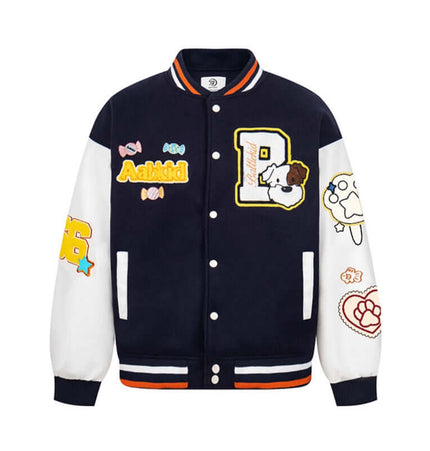 Letter Embroidery Colorblock Jacket featuring playful patches and color-blocked design in navy and white.