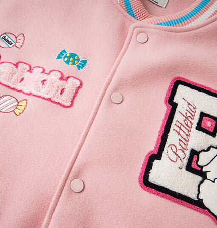 Letter Embroidery Colorblock Jacket featuring playful embroidery and a soft pink design.