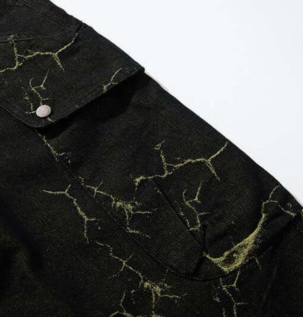 Close-up of the Lightning Cargo Wide Leg Denim Pants showcasing the unique lightning pattern and durable denim fabric.