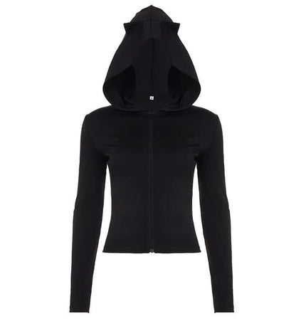 Long Sleeve Devil Hooded VNeck TShirt with zipper closure and hood in deep black color.