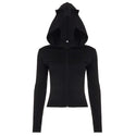 Long Sleeve Devil Hooded VNeck TShirt with zipper closure and hood in deep black color.