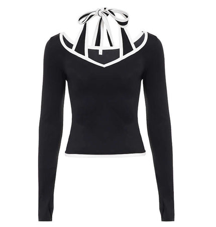 Long Sleeve Halter Neck Contrast Top featuring a stylish halter neckline and contrasting trim.