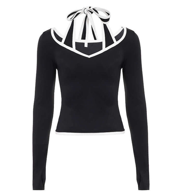 Long Sleeve Halter Neck Contrast Top featuring a stylish halter neckline and contrasting trim.