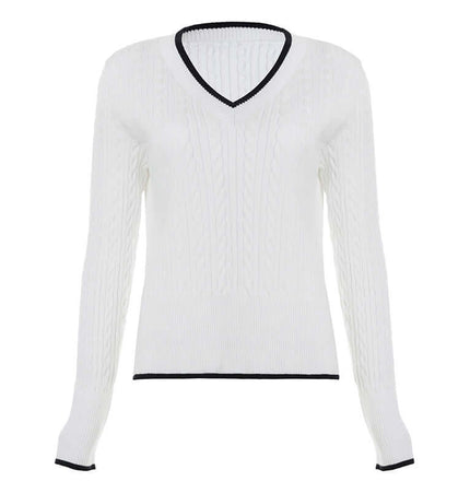 Long Sleeve VNeck Knit Top in white with cable knit texture and contrasting trim.