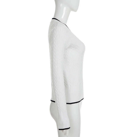 Long Sleeve VNeck Knit Top in white with cable knit texture featuring a sleek design and a flattering fit.