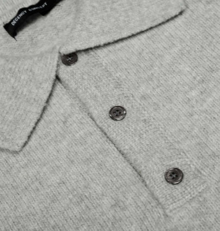 Loose Buttoned Turn Down Collar Sweater in soft gray knit fabric with button details and stylish collar.