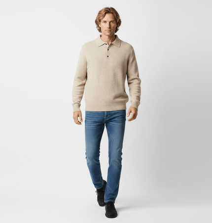 Loose Buttoned Turn Down Collar Sweater worn by a man in a beige color, paired with jeans for a casual look.