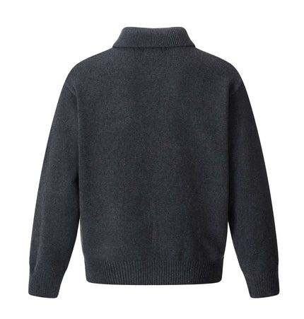 Back view of a Loose Buttoned Turn Down Collar Sweater in dark gray, showcasing its stylish design and comfort.