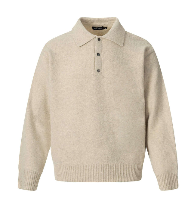 Loose Buttoned Turn Down Collar Sweater in a soft beige color with a stylish collar and button detailing.