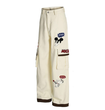 Loose Fit Cartoon Patchwork Pants featuring playful cartoon embroidery and stylish patchwork details.