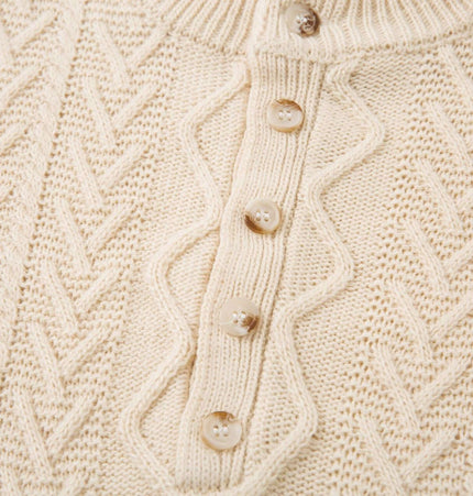 Loose Fit Knit Crewneck Sweater detailed view with button closures and textured pattern in cream color.
