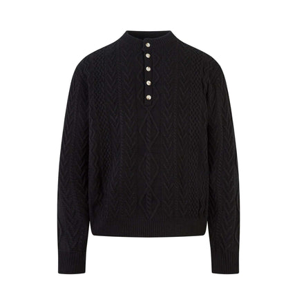 Loose Fit Knit Crewneck Sweater in black with button details and cable knit pattern for modern streetwear style.