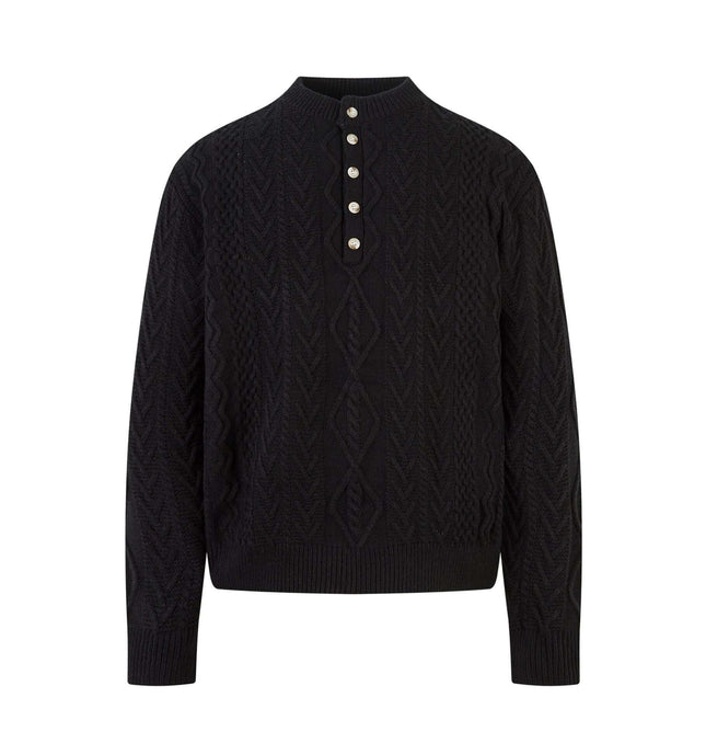 Loose Fit Knit Crewneck Sweater in black with button details and cable knit pattern for modern streetwear style.