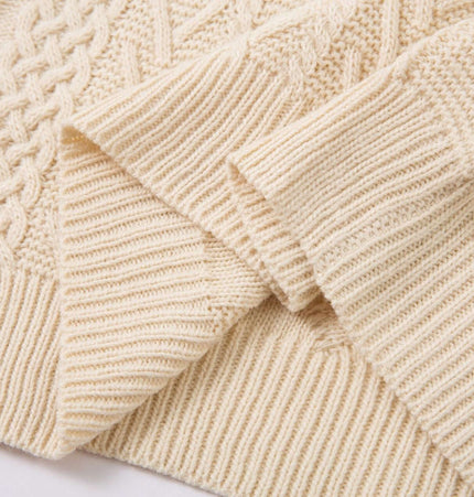 Textured close-up of a Loose Fit Knit Crewneck Sweater in soft beige, showcasing sophisticated knit patterns.