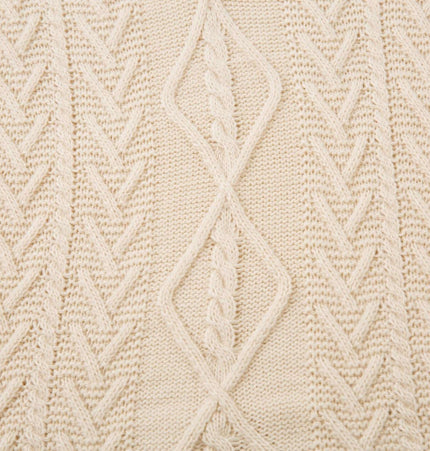 Loose Fit Knit Crewneck Sweater textured fabric in cream color with intricate cable knit patterns.