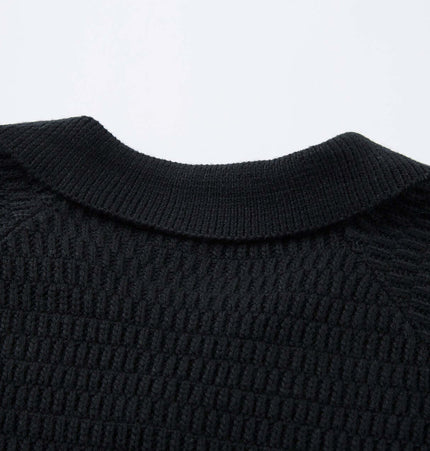 Loose Fit Plain Knit Sweater - close-up of the back neckline detailing in black knit fabric