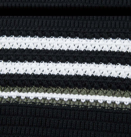 Loose Fit Plain Knit Sweater close-up showing texture and striped design in black, white, and olive