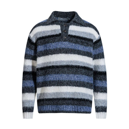 Loose Fit Stripe Polo Neck Sweater featuring stripes in blue, black, and white with a polo neck and relaxed fit.