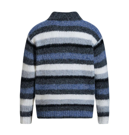 Loose Fit Stripe Polo Neck Sweater featuring a cozy back view with blue and black stripes.