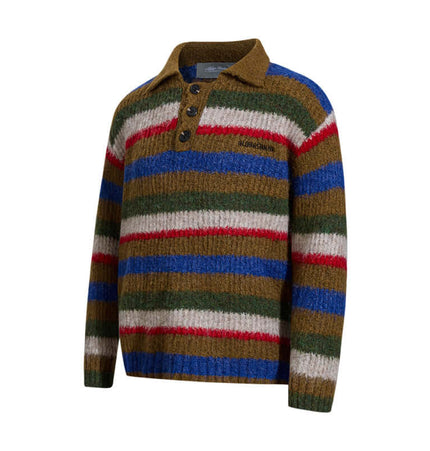 Loose Fit Stripe Polo Neck Sweater in brown, blue, green, and red stripes with flip collar and long sleeves.