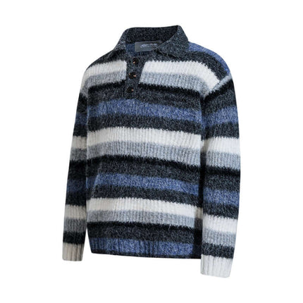 Loose Fit Stripe Polo Neck Sweater featuring stripe pattern and flip collar, ideal for relaxed street fashion.