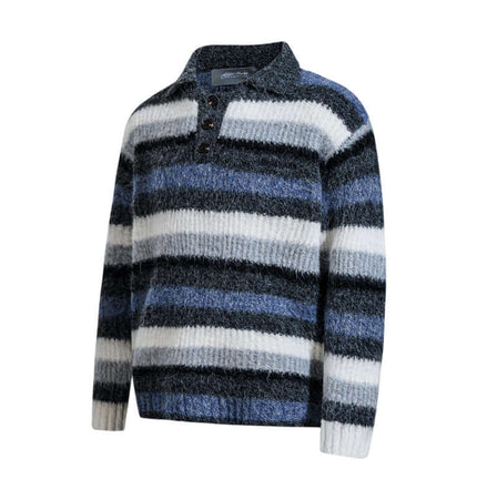 Loose Fit Stripe Polo Neck Sweater featuring stripe pattern and flip collar, ideal for relaxed street fashion.