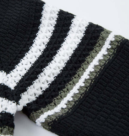 Loose Fit Plain Knit Sweater featuring stylish striped patterns in black, white, and green.