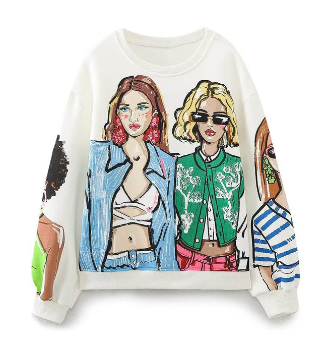 Loose Girl Print Crewneck Sweater featuring trendy streetwear design with stylish printed characters.