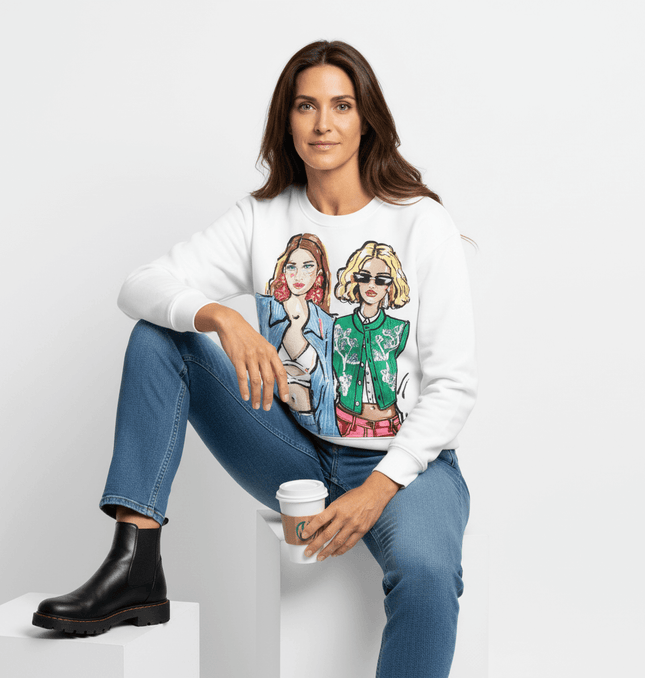 Loose Girl Print Crewneck Sweater worn by a woman, featuring stylish printed girl design and casual style.
