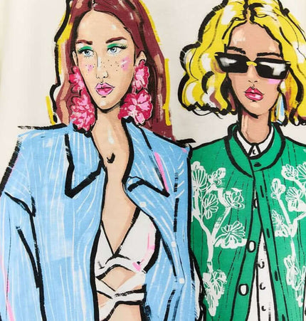 Loose Girl Print Crewneck Sweater featuring stylish girl illustration with colorful attire and trendy accessories.