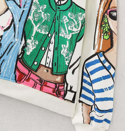 Loose Girl Print Crewneck Sweater featuring a vibrant girl graphic and stylish design for casual wear.
