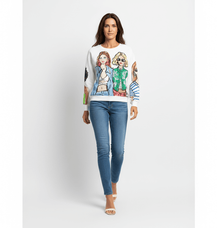 Loose Girl Print Crewneck Sweater on model, featuring trendy girl print and casual style for women's fashion.
