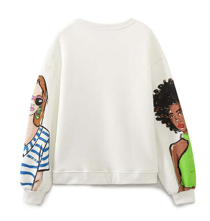 Loose Girl Print Crewneck Sweater featuring stylish girl illustrations on the sleeves.
