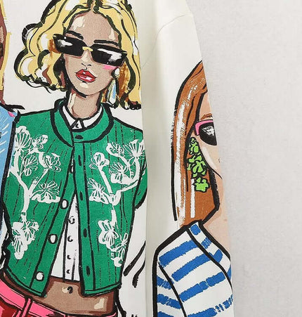 Loose Girl Print Crewneck Sweater featuring stylish printed girl pattern illustration on soft fabric.