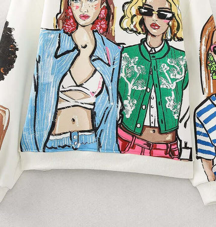 Loose Girl Print Crewneck Sweater featuring stylish printed girl pattern on a cozy sweatshirt.