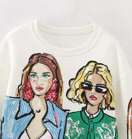 Loose Girl Print Crewneck Sweater featuring trendy girl illustrations and a stylish crewneck design.