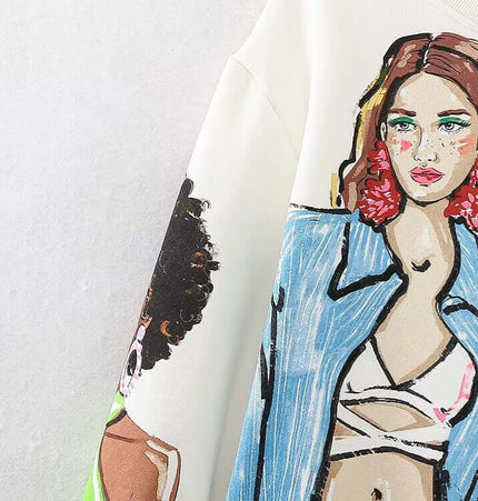 Loose Girl Print Crewneck Sweater featuring colorful girl prints on a stylish casual fabric.
